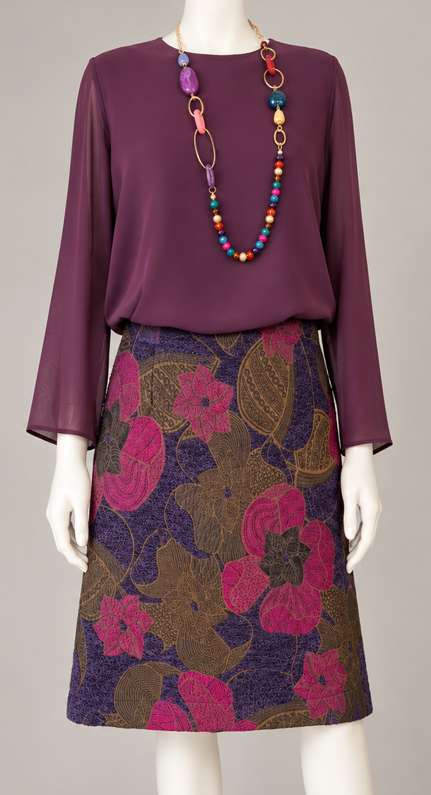 Paarse blouse met klokmouwen en een kleurrijke ketting, gecombineerd met een gebloemde rok met patroon op een paspop