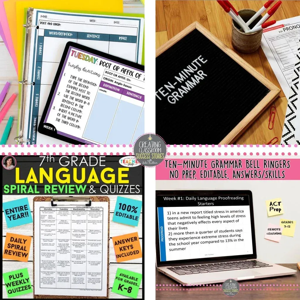 A collage of pictures of a 7th grade language spiral review and quizzes