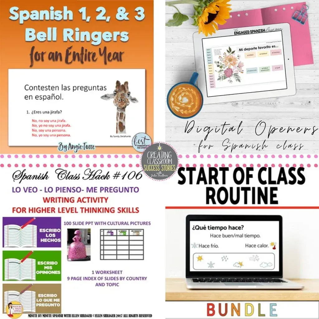 Spanish 1 , 2 , and 3 bell ringers for an entire year start of class routine bundle