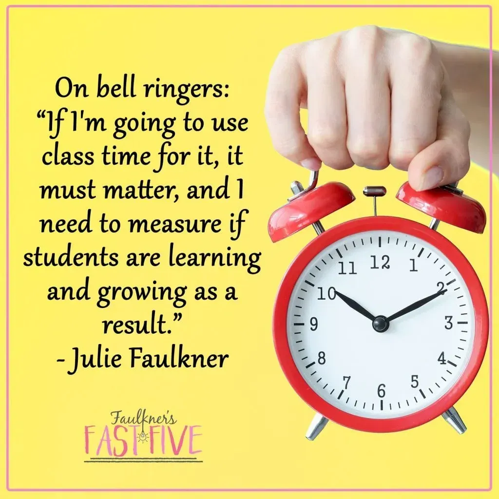 A hand is holding a red alarm clock with a quote from julie faulkner