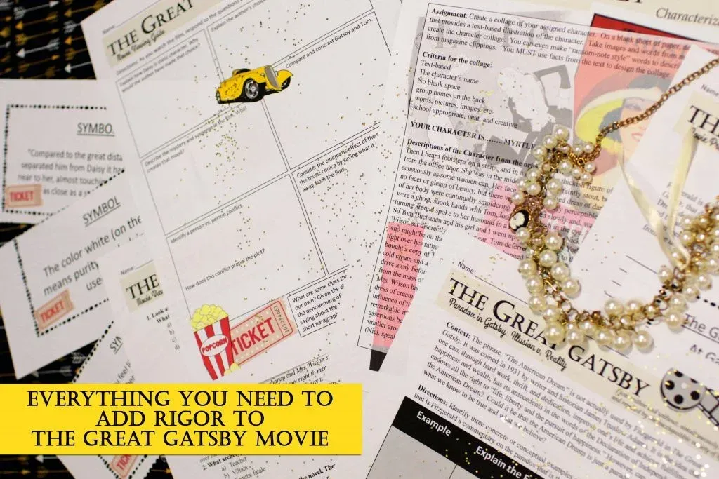 A pearl necklace sits on top of a pile of papers with the words everything you need to add rigor to the great gatsby movie