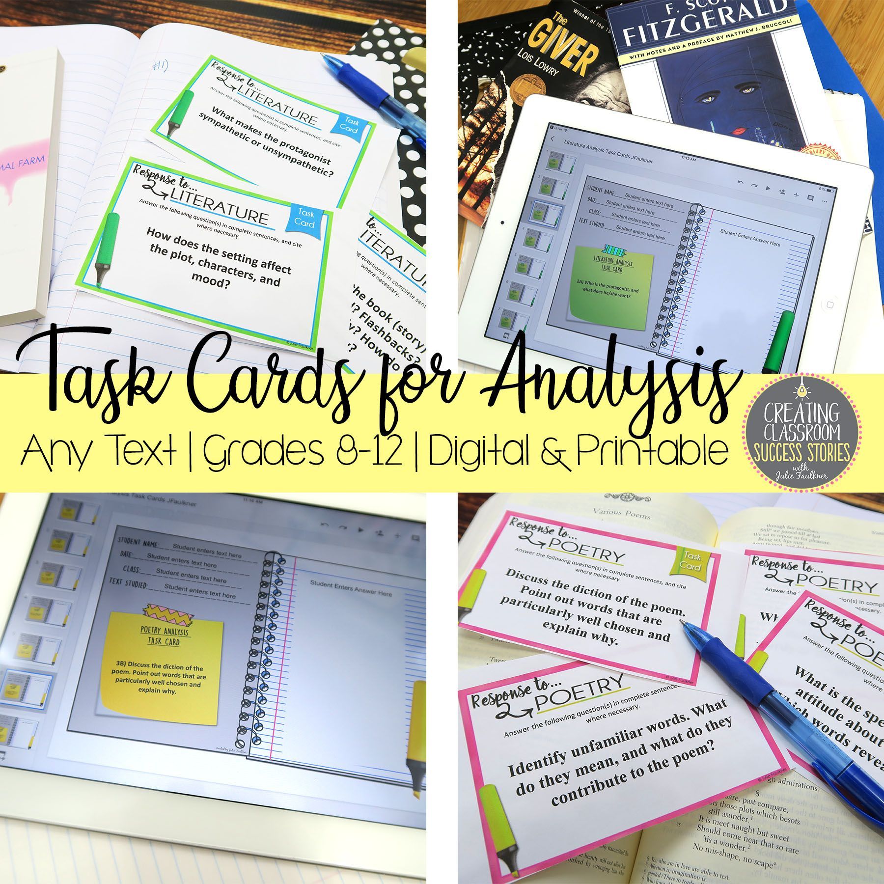 close reading, setting up a book club, task cards