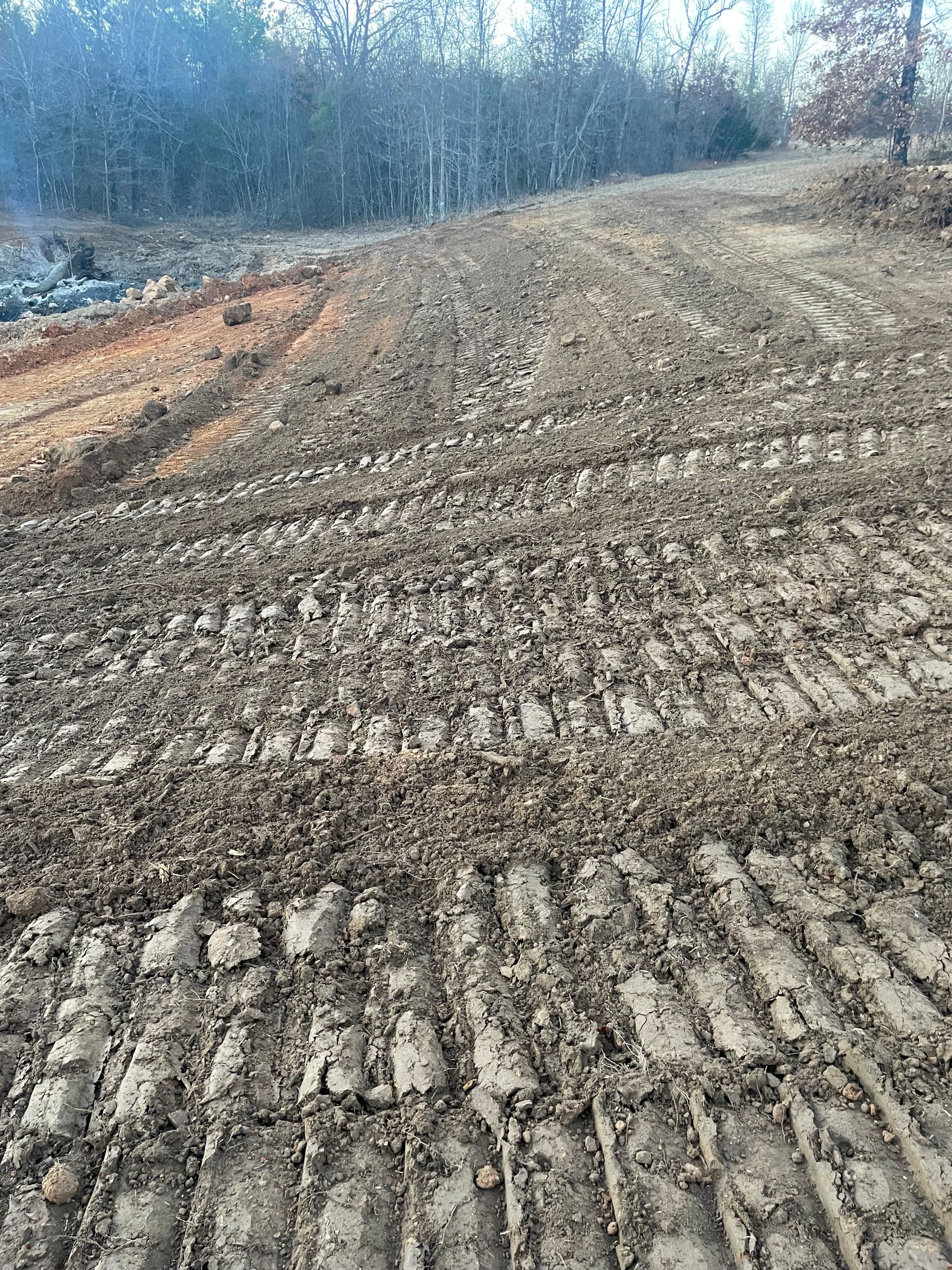 A muddy field with a lot of tire tracks in it.