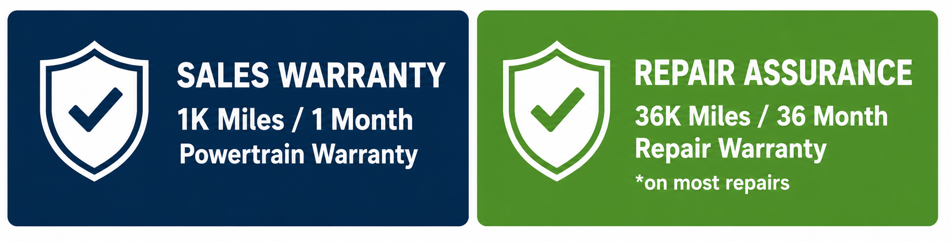 Blue and green warranty badges with shield icons for sales warranty and repair assurance | Keystone Quality Motors