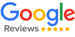 Google Reviews logo with multicolored Google text and five gold stars