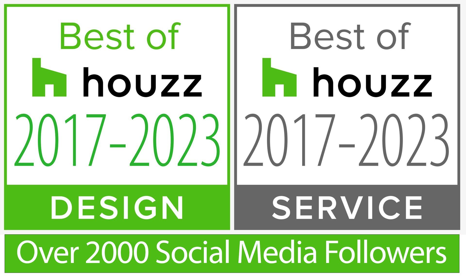 Two Houzz award badges, green and gray, for Best of Houzz 2017–2023 Design and Service