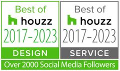 Two Houzz award badges, green and gray, for Best of Houzz 2017–2023 Design and Service