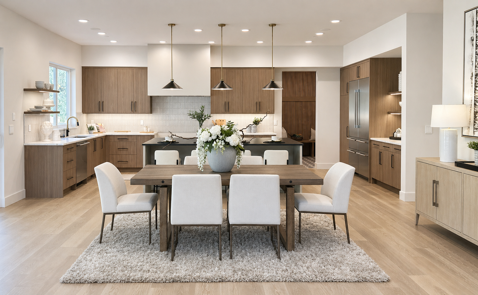 Bright modern kitchen and dining area with wood cabinets, white chairs, and a large table set with flowers.