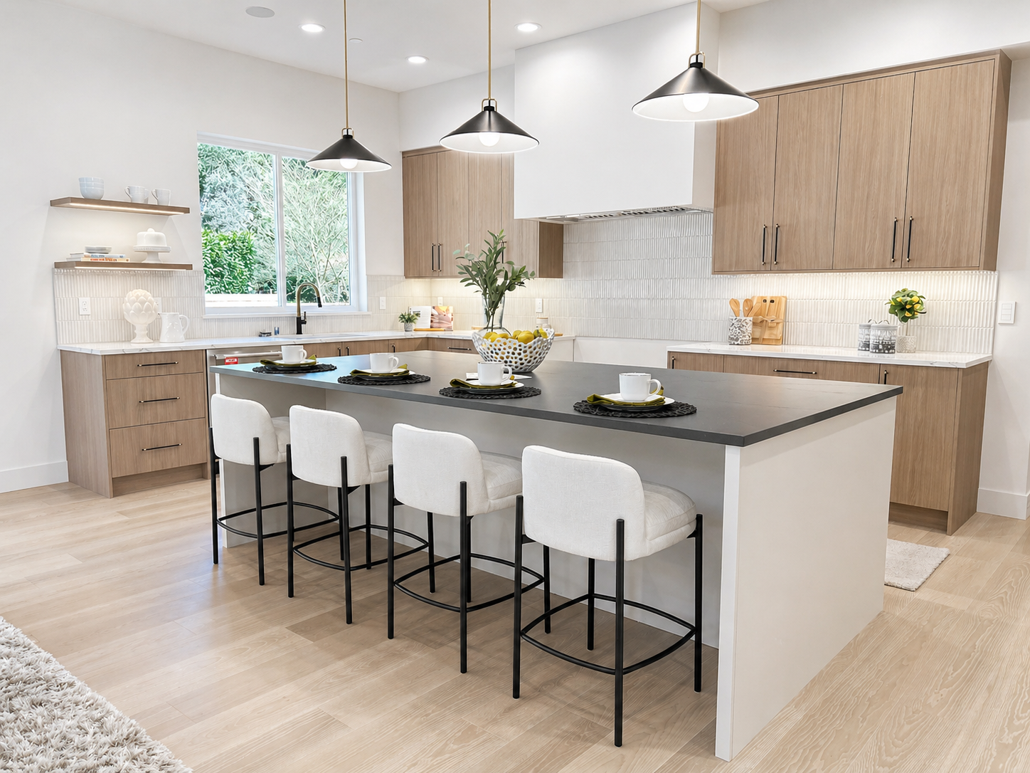 Bright modern kitchen with a large island, white cabinets, wood accents, and black pendant lights