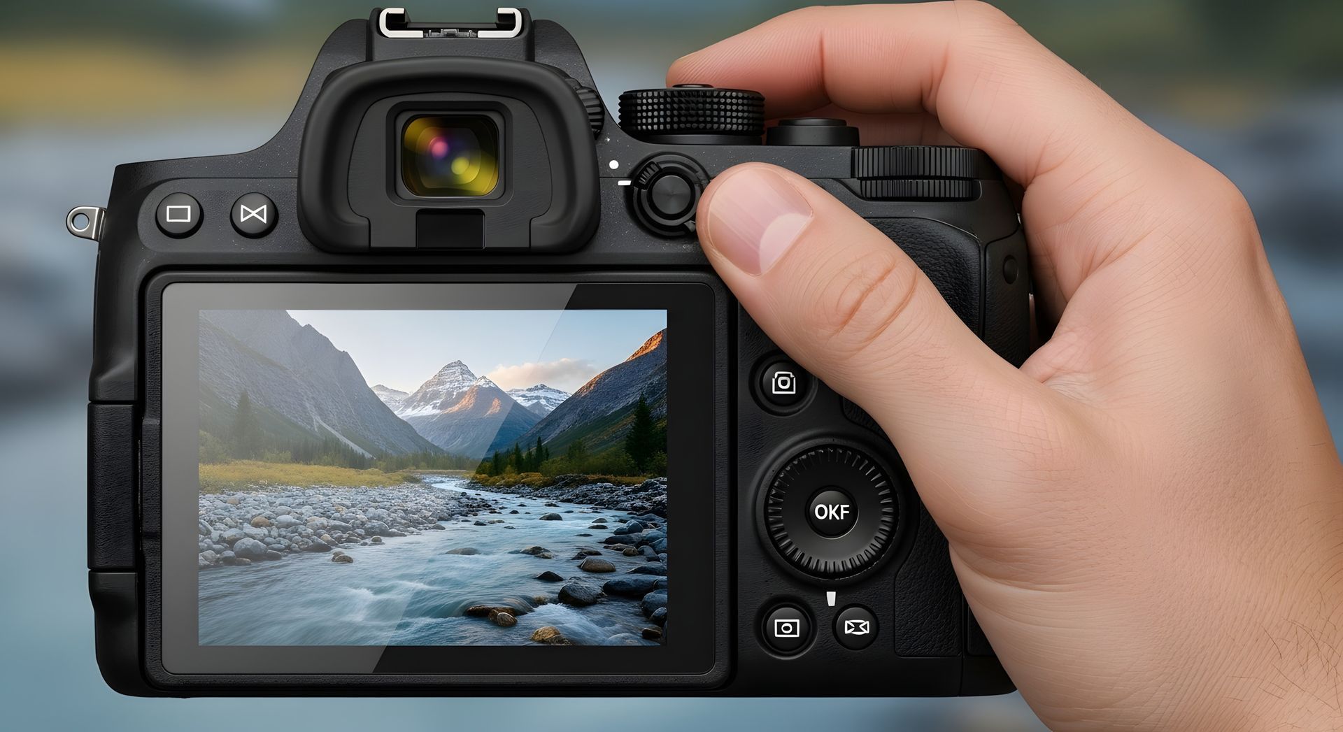 Rear view of a mirrorless camera held in hand, showing a landscape photo of a mountain valley.