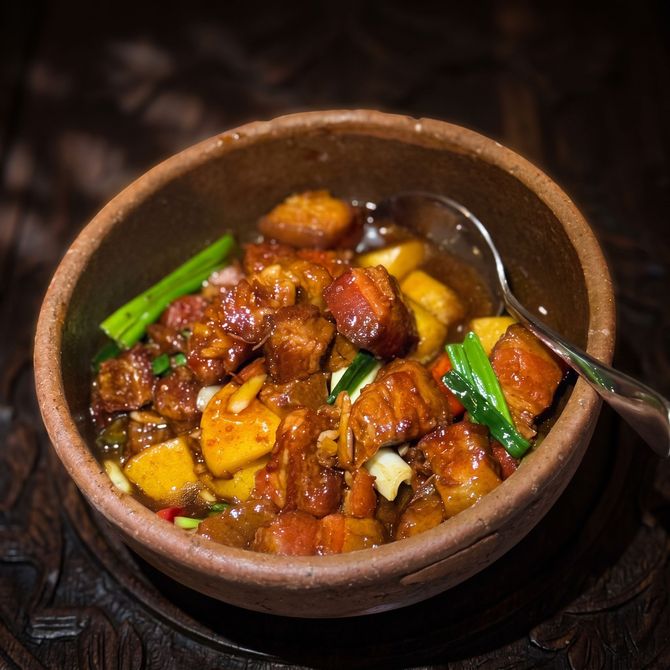 Brown clay bowl of glazed stir-fried meat and vegetables with green onions, viewed from above