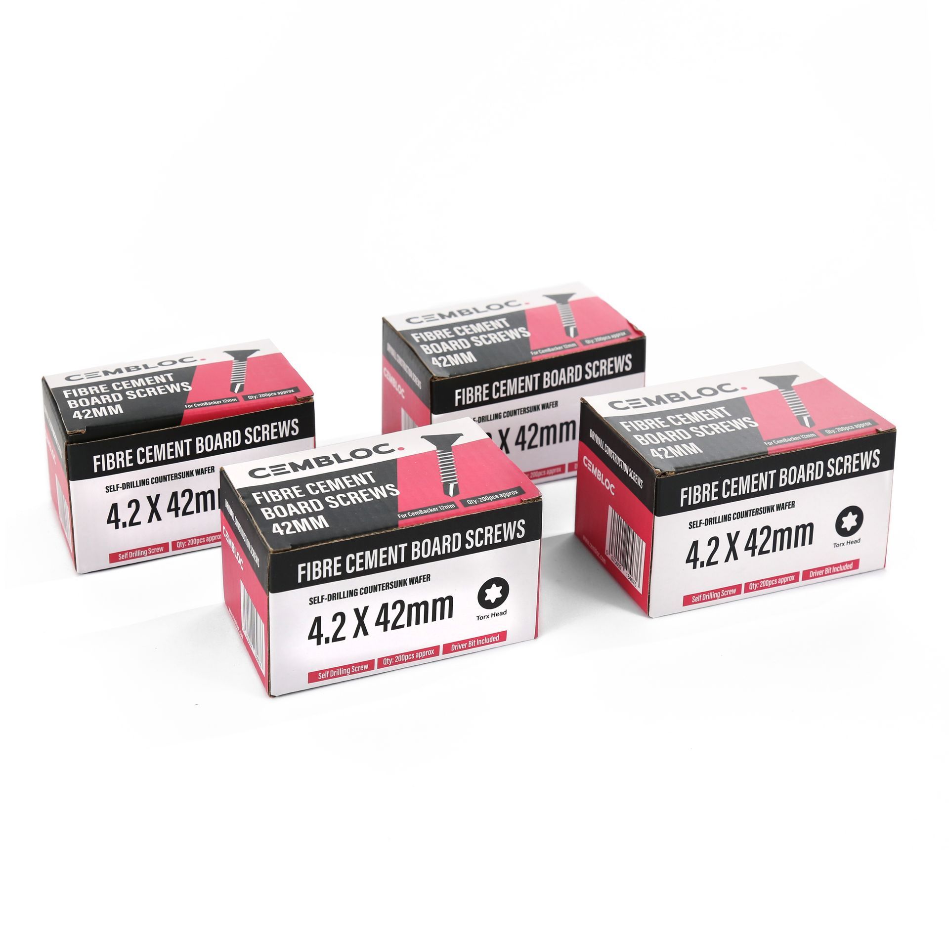 Four boxes of CemBloc FCB screws are sitting on top of each other on a white surface.