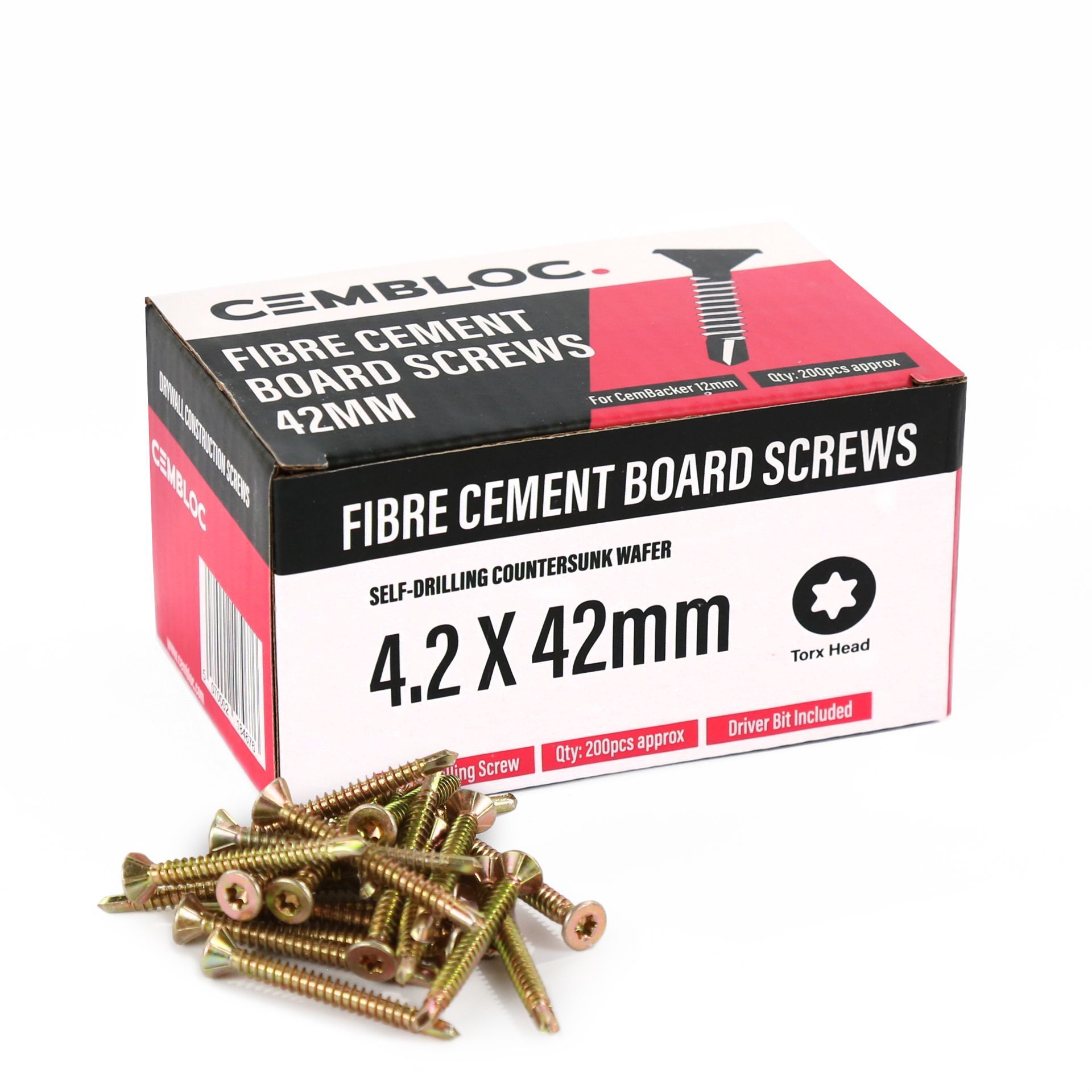 A box of fibre cement board screws is sitting on top of a pile of screws.
