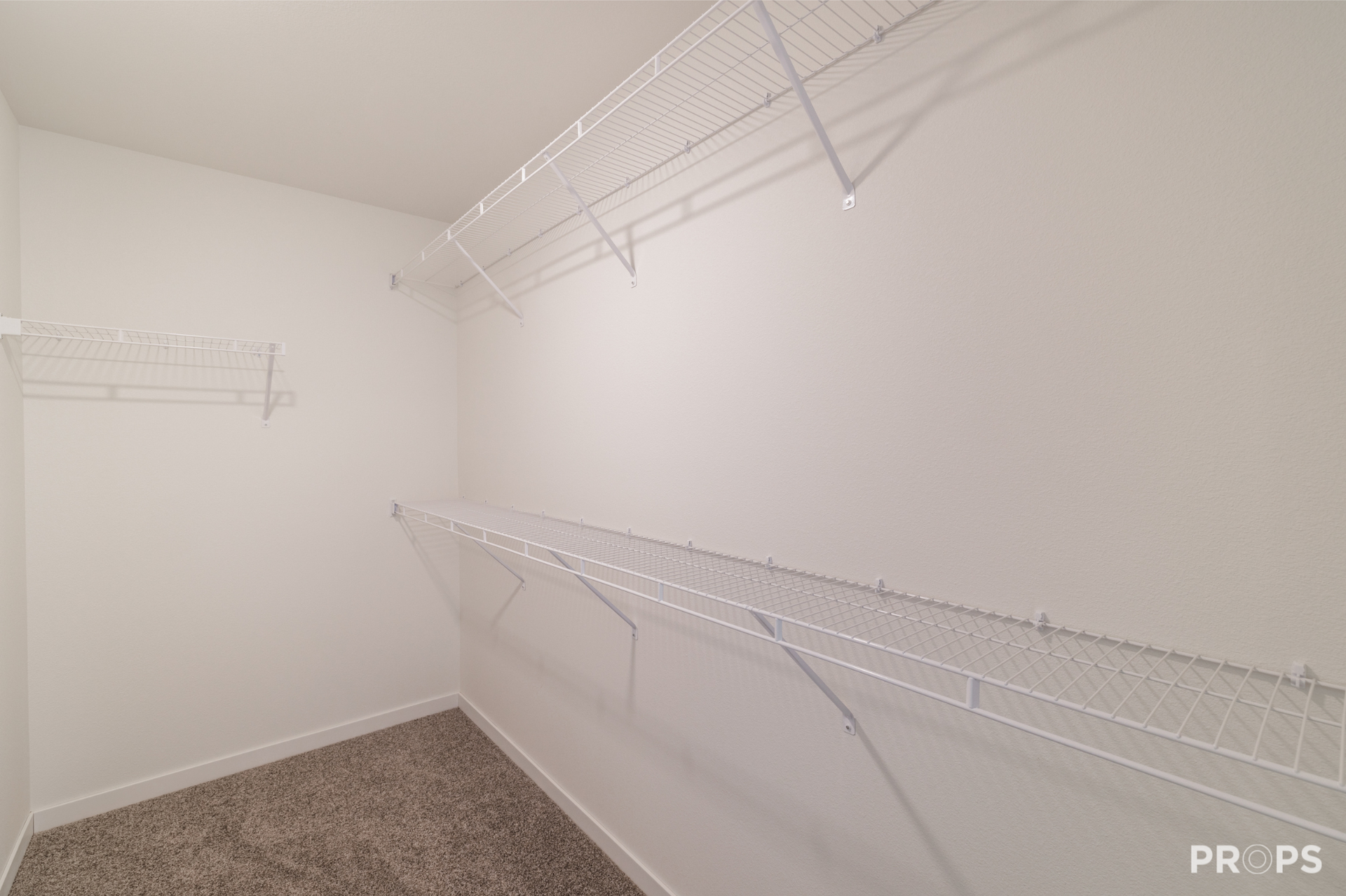 Empty white walk-in closet with wire shelving and beige carpet flooring.