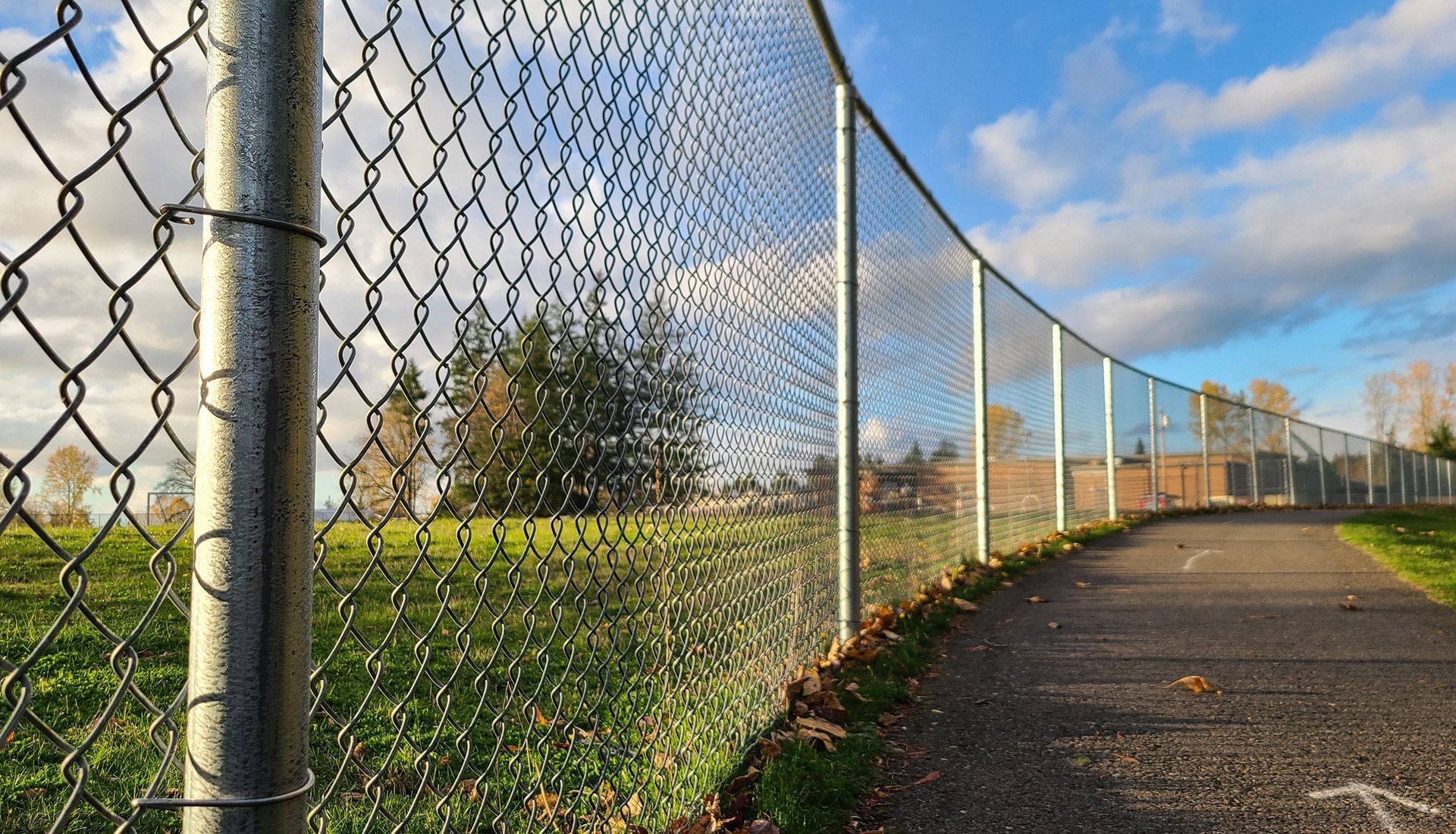 A chain link fence along a path in a park.