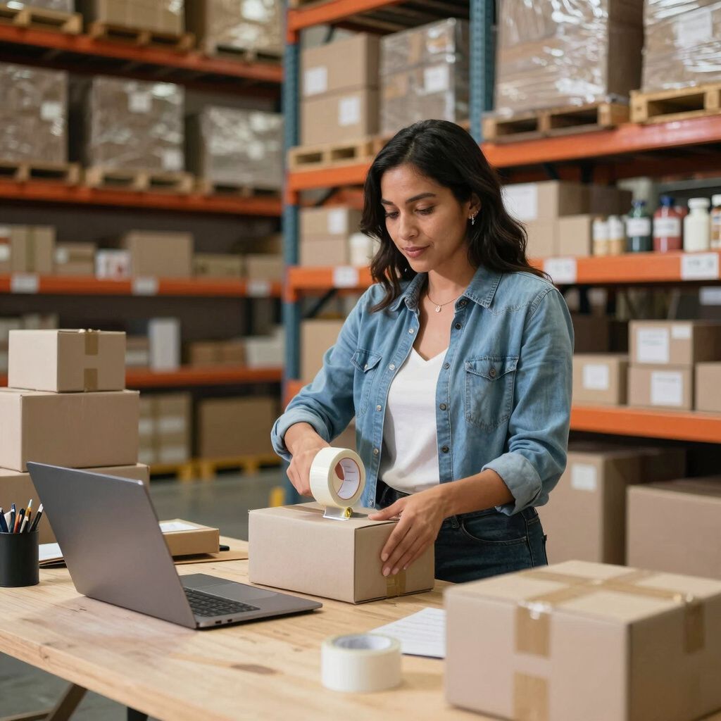 Woman in warehouse sealing a cardboard box with tape, using a laptop, shelves of boxes in the background.