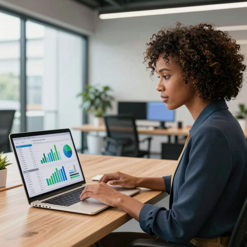 Woman in blazer using laptop, analyzing graphs and charts at a wooden desk in office.