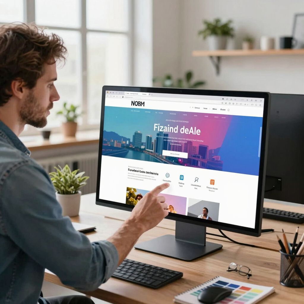 Man using a computer, pointing at the screen displaying a website with a city skyline background.