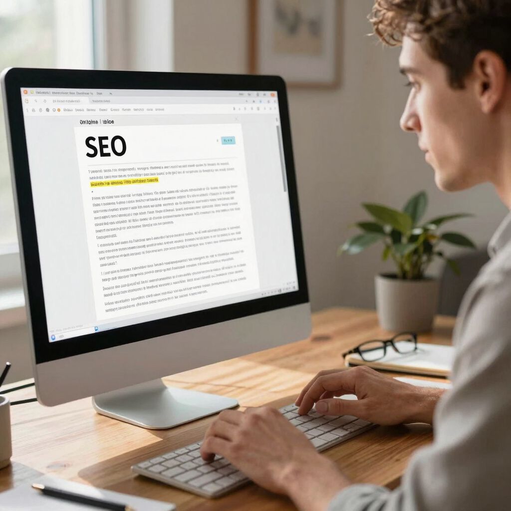 Person typing on a computer, "SEO" title on screen, studying text with highlighted keywords.