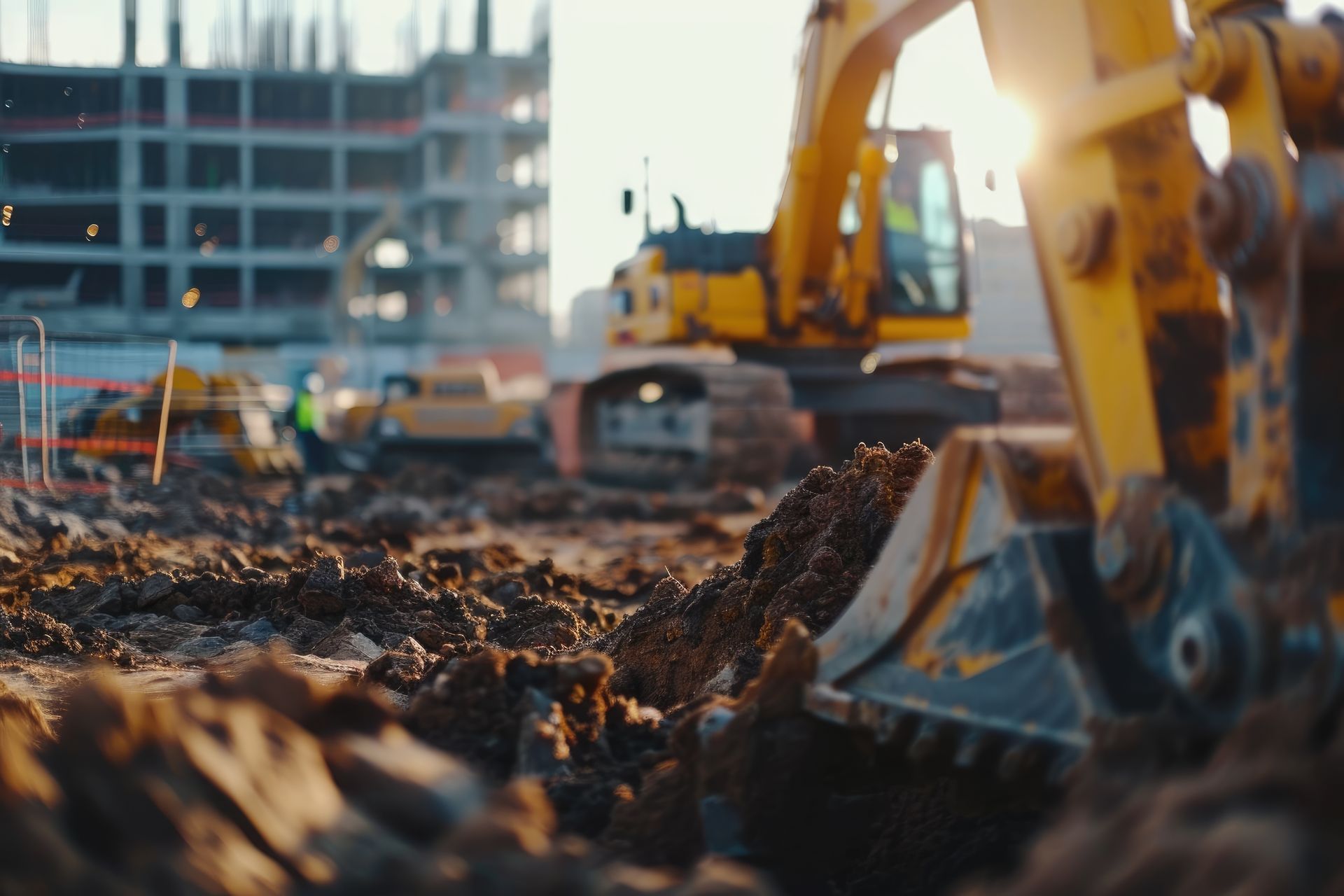 A yellow excavator is digging a hole in the dirt at a construction site.