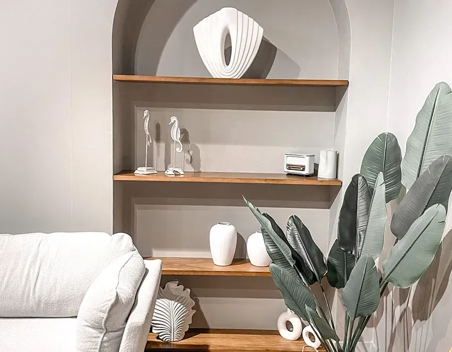Minimalist living room shelf with white vases, wooden shelves, sofa, and large leafy plant