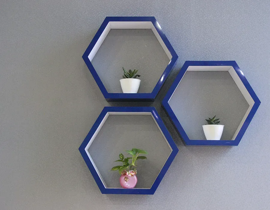 Three blue hexagonal wall shelves on a gray wall, each holding a small potted plant.