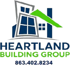 Heartland Building Group logo with house icon, blue and green text, and phone number 863.402.8234