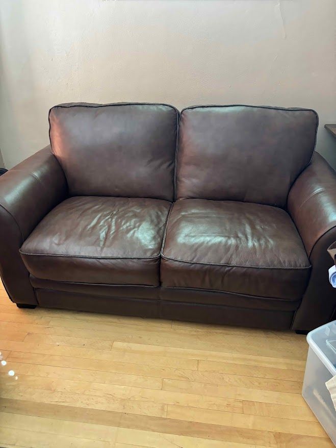 Brown leather loveseat with two cushions, sitting on a light wood floor.