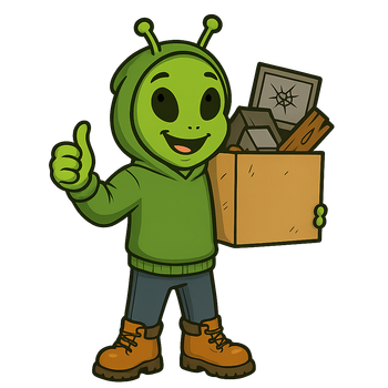 Green alien in hoodie holding a box of junk, giving a thumbs-up.