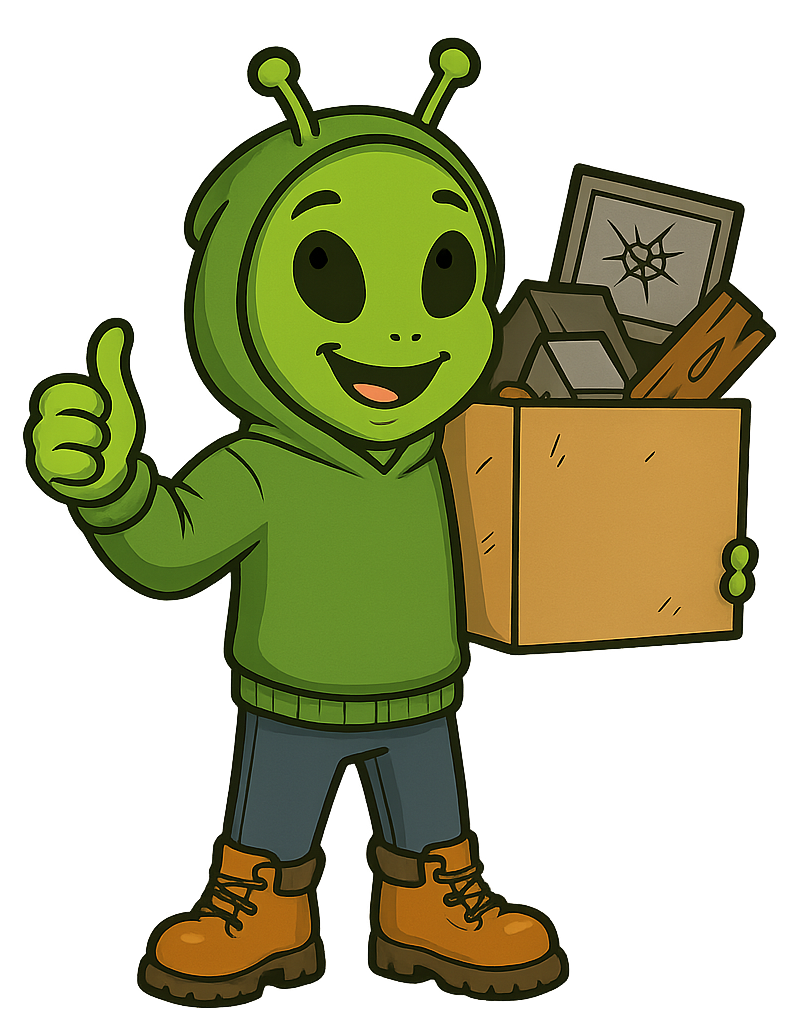 Green alien in hoodie holding a box of junk, giving a thumbs-up.
