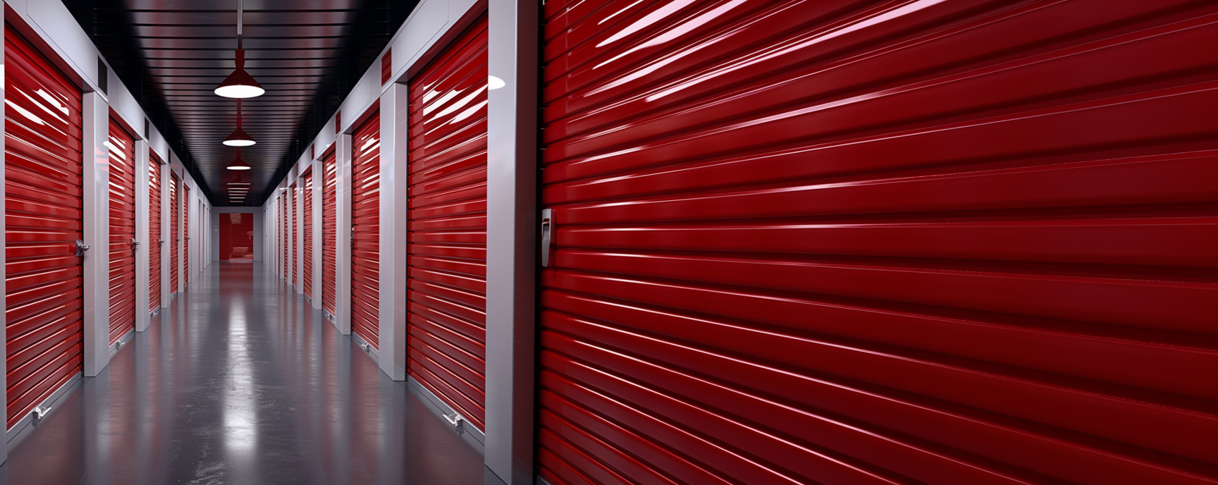 Hallway of red storage units with a shiny concrete floor and overhead lights.
