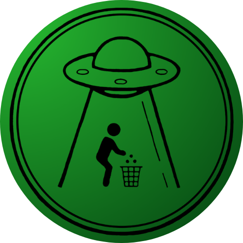 Green circle with an alien ship abducting a person dropping trash into a bin.