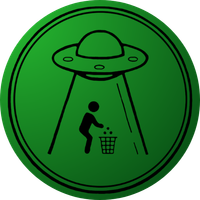 Green circle with an alien ship abducting a person dropping trash into a bin.