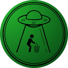 Green circle with an alien ship abducting a person dropping trash into a bin.
