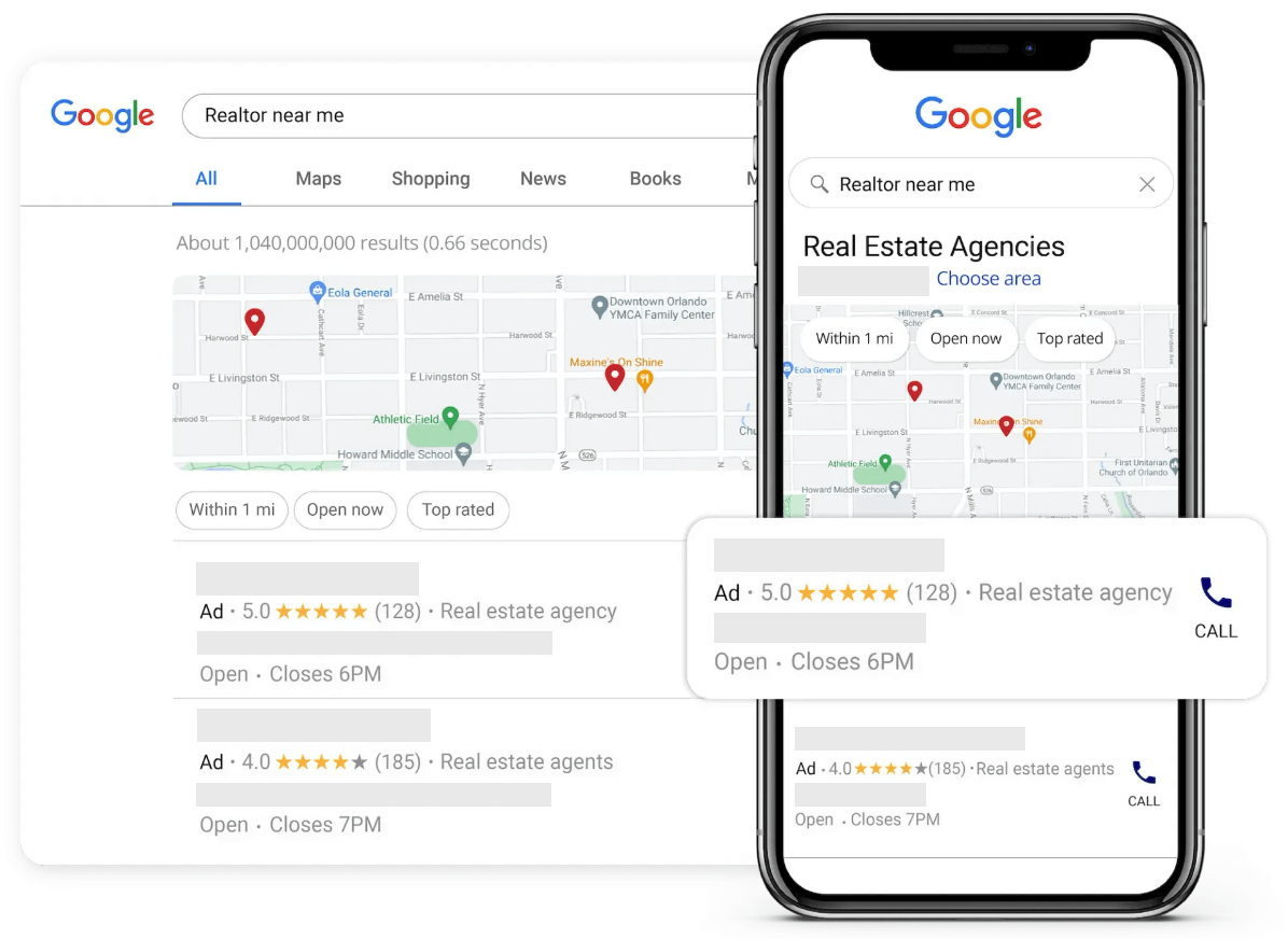 A cell phone is displaying a google search for real estate agents.