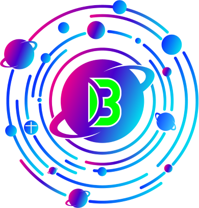 The letter b is in a circle with planets around it.