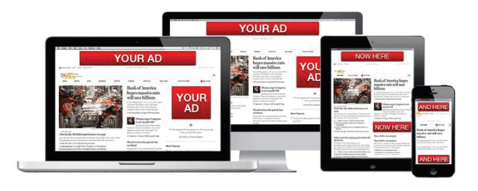 A computer monitor a tablet and a cell phone all showing an ad for your ad