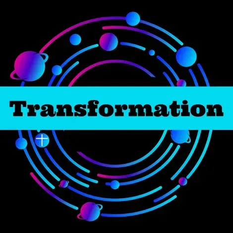 The word transformation is on a blue and black background