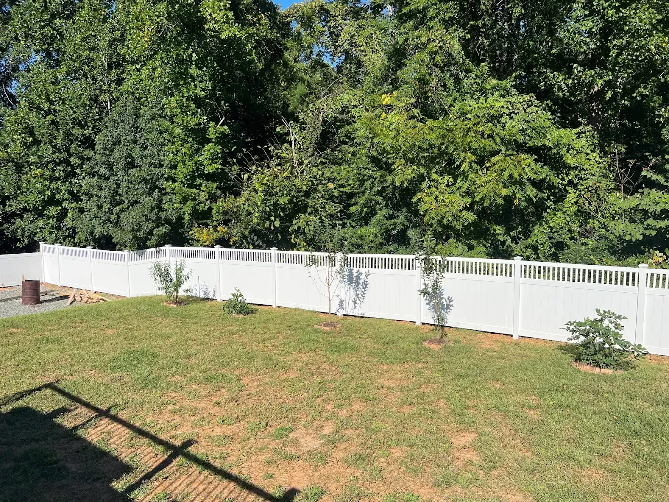 Backyard with green lawn, white fence, and dense trees in the background