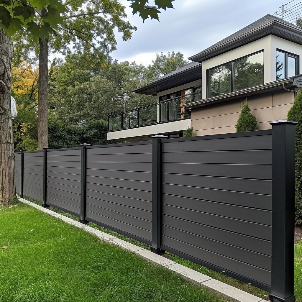 Modern house behind a dark gray slatted fence, with green lawn and trees along the street