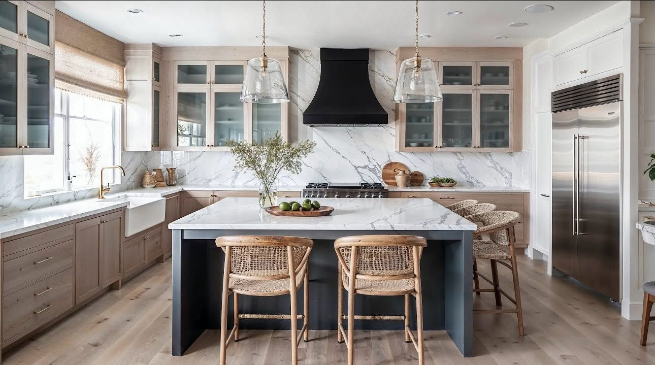 Bright modern kitchen with large island, two wicker stools, and black range hood