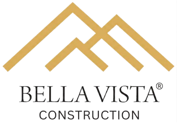 Bella Vista Construction logo with gold roof lines and black text