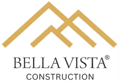 Bella Vista Construction logo with gold roof lines and black text