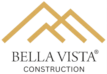 Bella Vista Construction logo with gold roof lines and black text