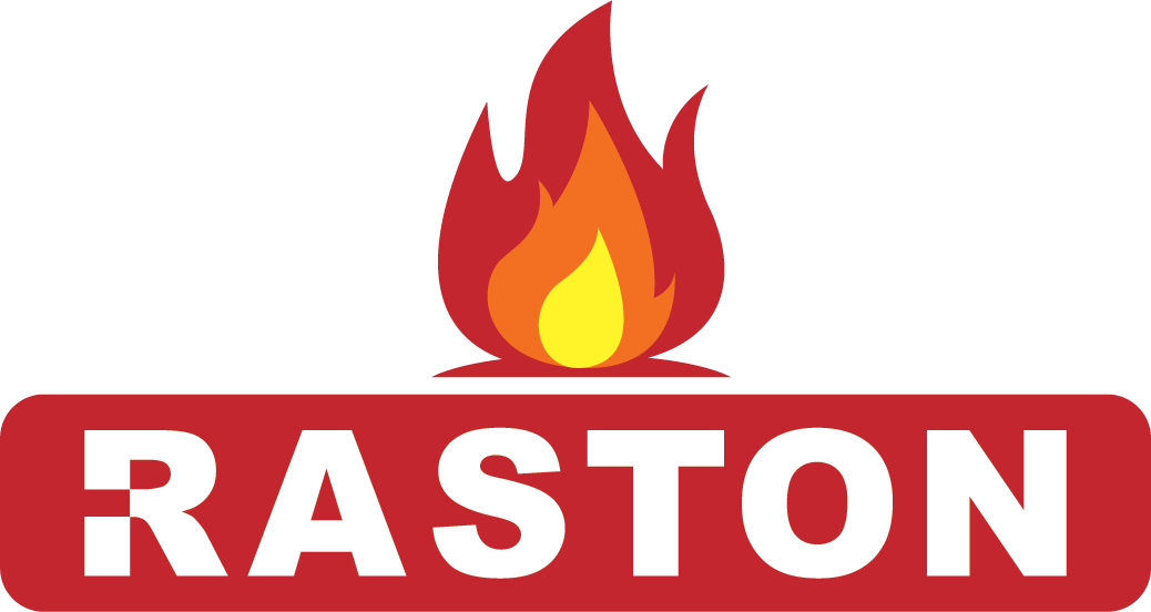 The word raston is written in white on a red background