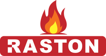 The word raston is written in white on a red background