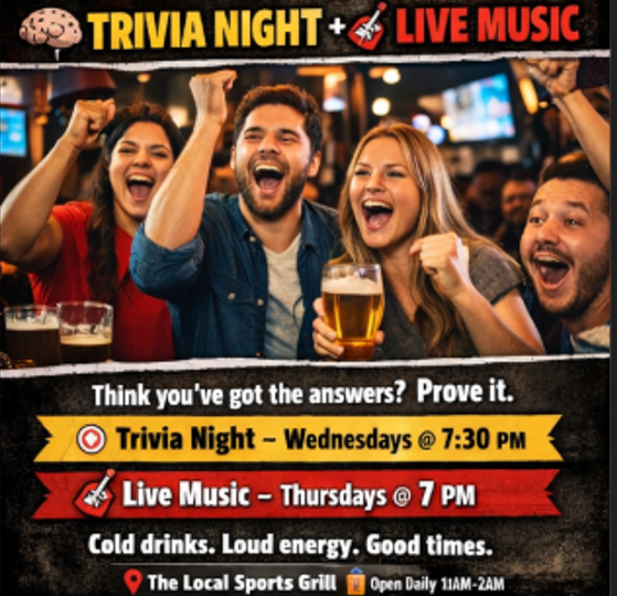 Trivia night and live music poster with cheering crowd, beer glasses, and event times on a dark background