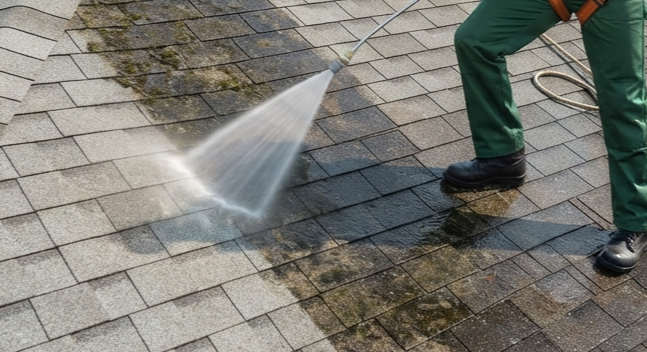 Roof cleaning technician safely washing a sloped roof