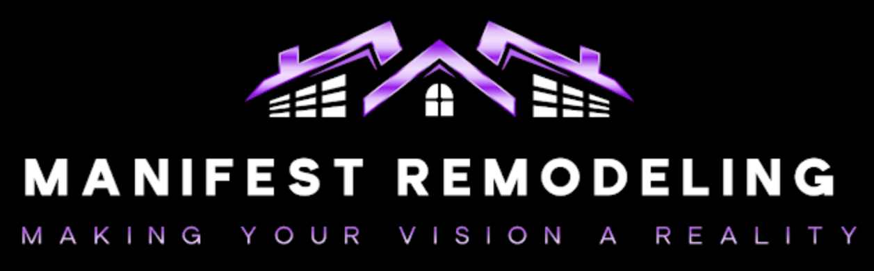 Logo for Manifest Remodeling with a house icon in purple and white text on a black background. "Making your vision a reality."
