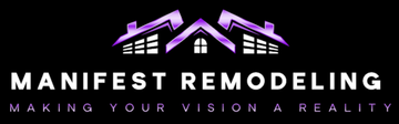 Logo for Manifest Remodeling with a house icon in purple and white text on a black background. "Making your vision a reality."